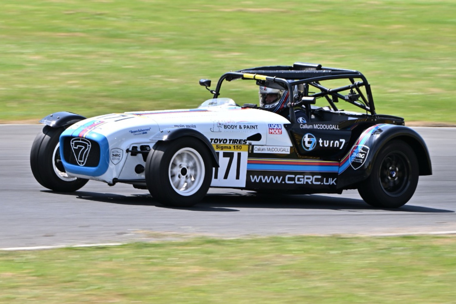 Callum driving Caterham 171 in the CGRC race at Croft